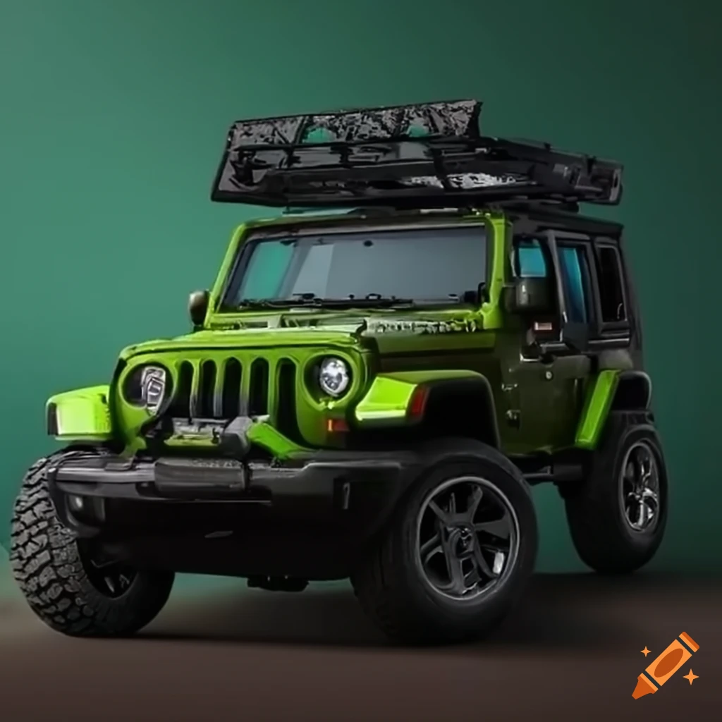 Green jeep with roof rack, spotlights, and recovery gear on Craiyon