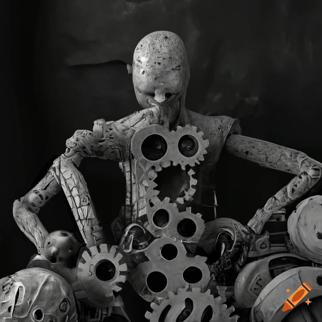Industrial grayscale image of factories, computer boards, humanoid sculpture, and broken gear biomechanism