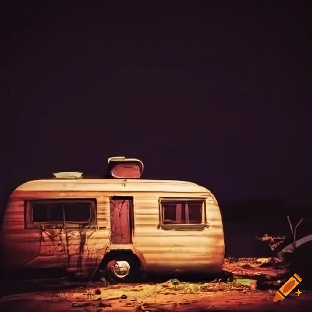 Vintage camper parked in a junkyard at night on Craiyon