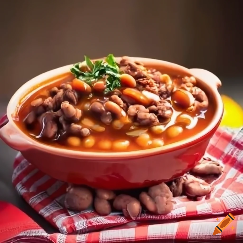 Delicious baked beans with ground beef on a picnic table on Craiyon