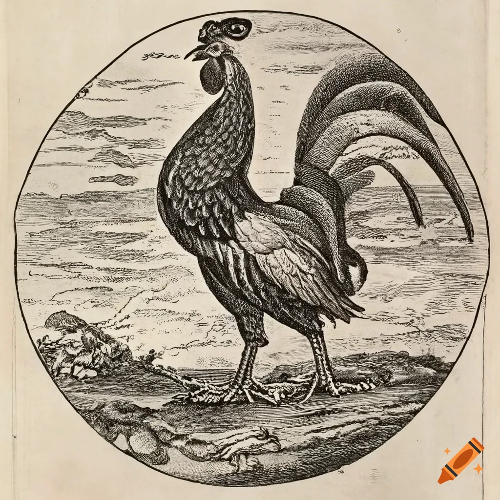 Detailed black and white 17th century engraving of a rooster on a toad in the style of Matthaus Merian