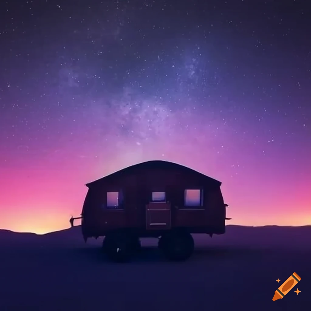 Cozy wagon on a starry hilltop at night