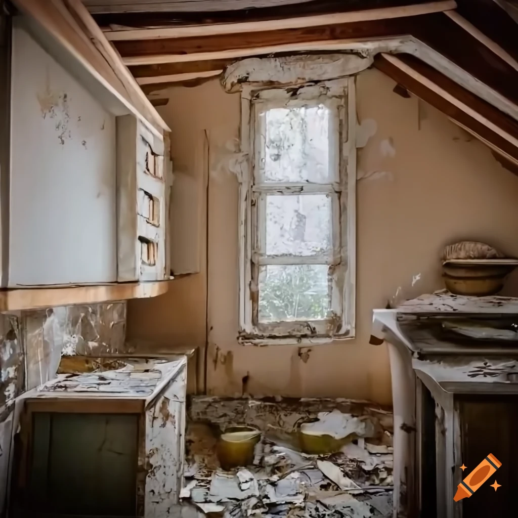 Foggy abandoned attic kitchen with pale peeling paint and skylights