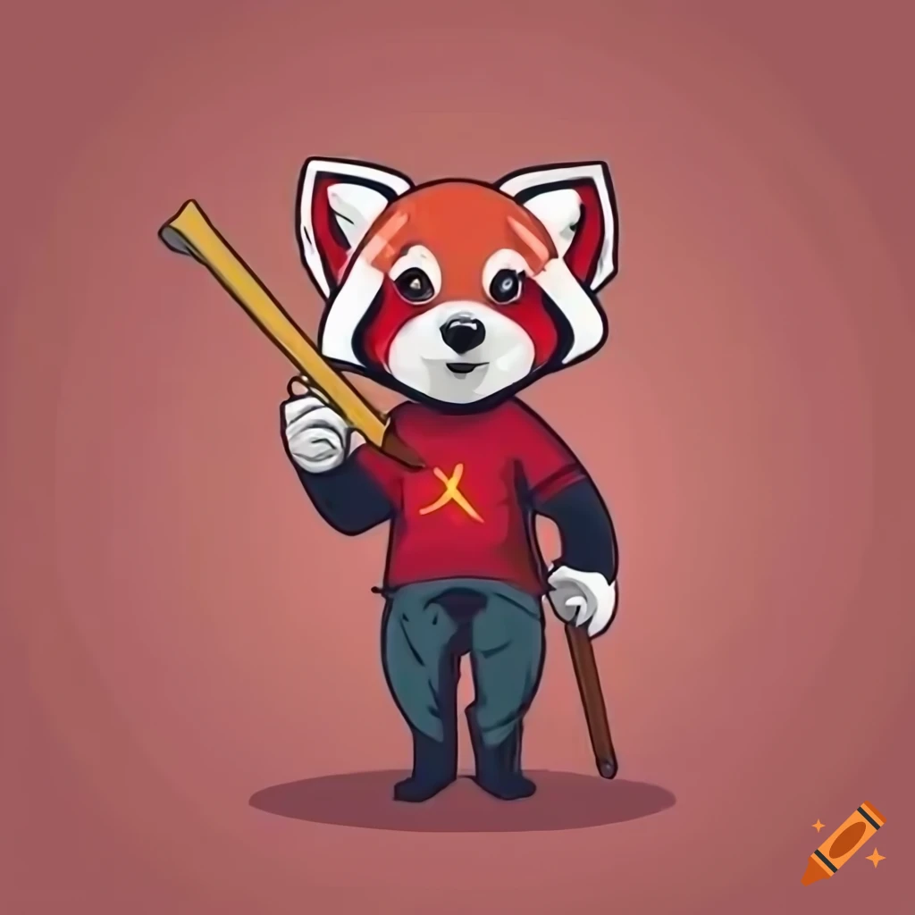 Adorable Socialist Red Panda mascot holding a walking stick with a labor strike banner in the backdrop