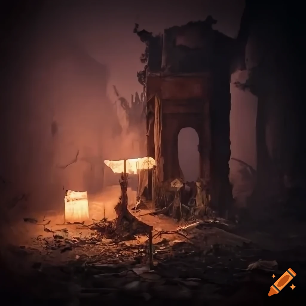 Desolated altar caught up in junk garbage in a destroyed landscape