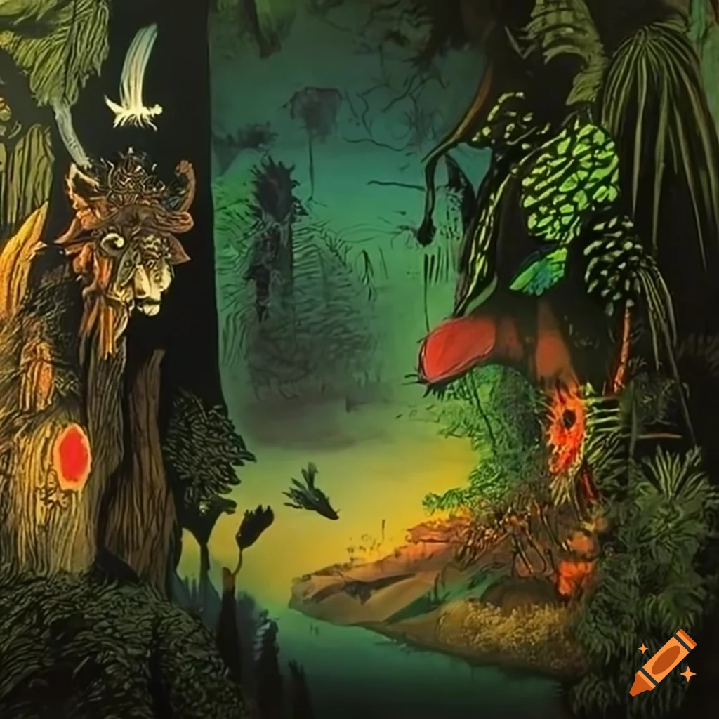 Wide angle panorama of a jungle landscape with fantasy creatures by ...