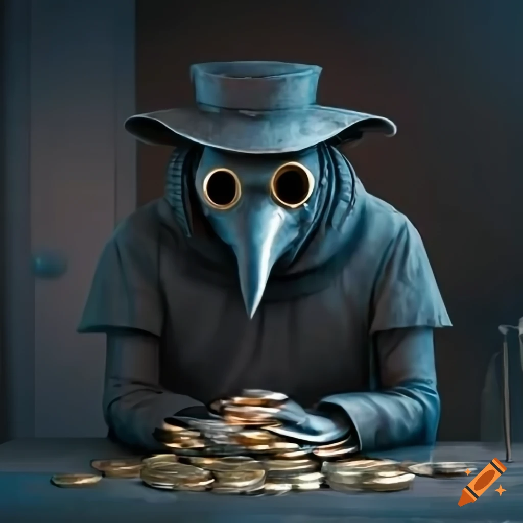 Plague doctor with small coins in a dark room
