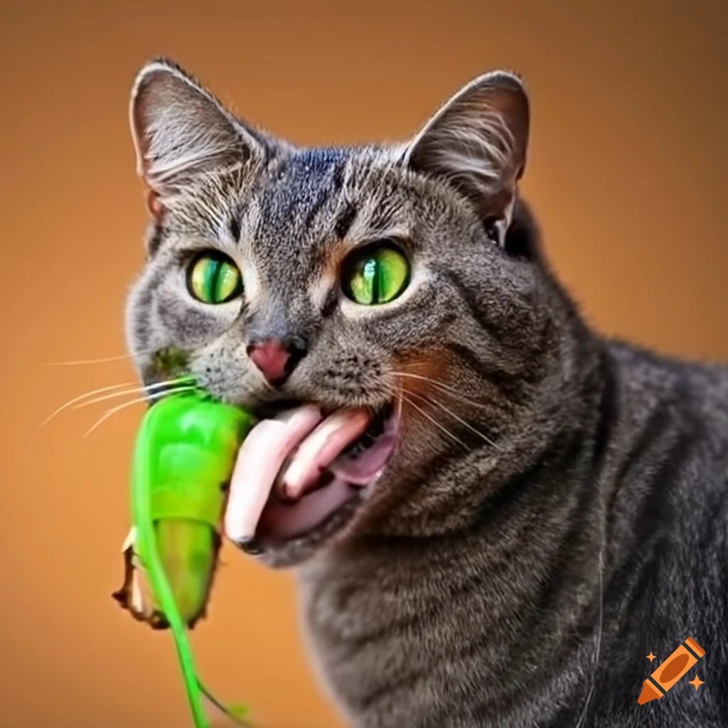 Gray cat eating a cricket on Craiyon