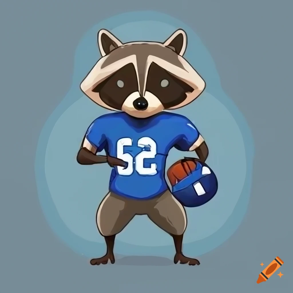 Raccoon wearing blue football jersey and holding a football