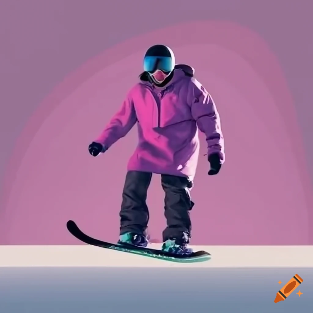 Snowboarder with a pink coat and a hockey stick