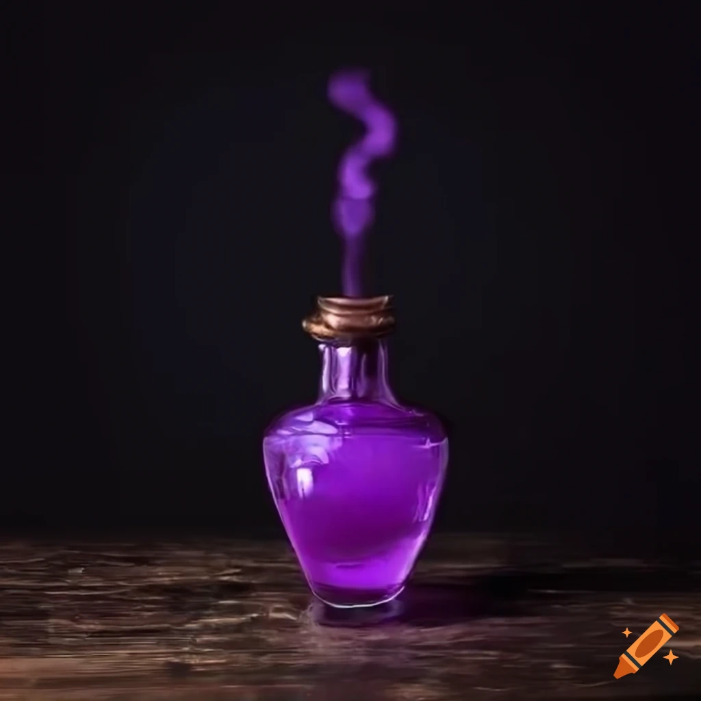 Half-empty purple transparent flask on old table background