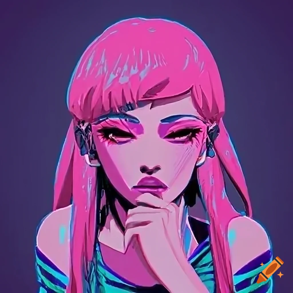 Vaporwave anime lady art on Craiyon