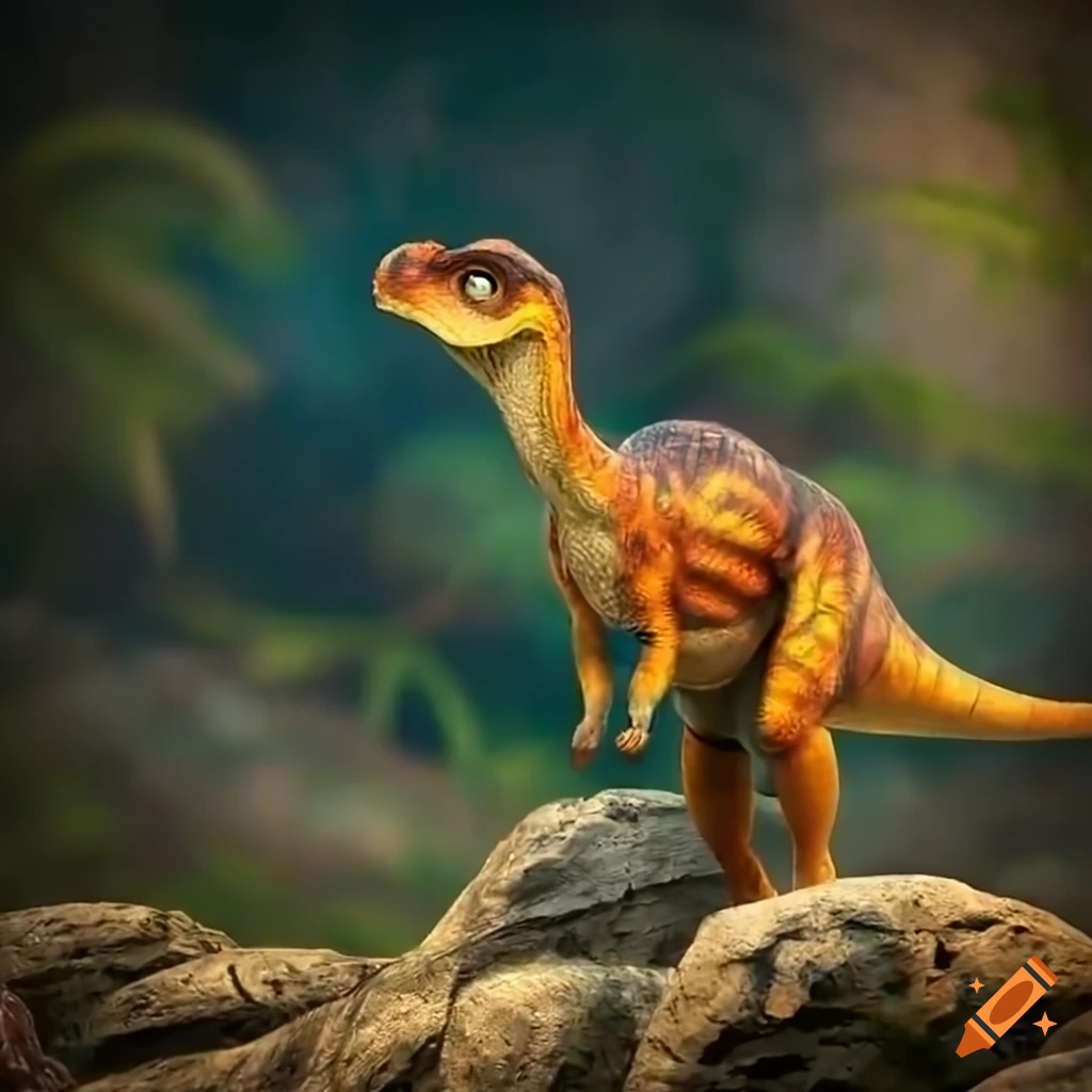 Pachycephalosaurus dinosaurs with quail-like color patterns walking on rocky outcrop