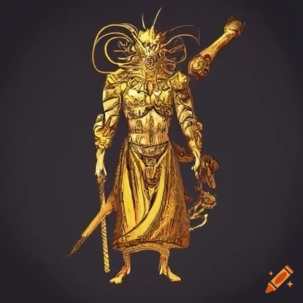 Ancient gold dragon in human form wearing ceremonial clothing with a ...