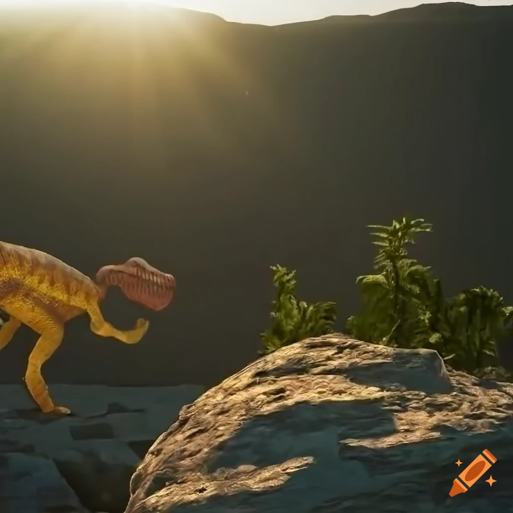 Pachycephalosaurus walking on rocky outcrop in warm morning light