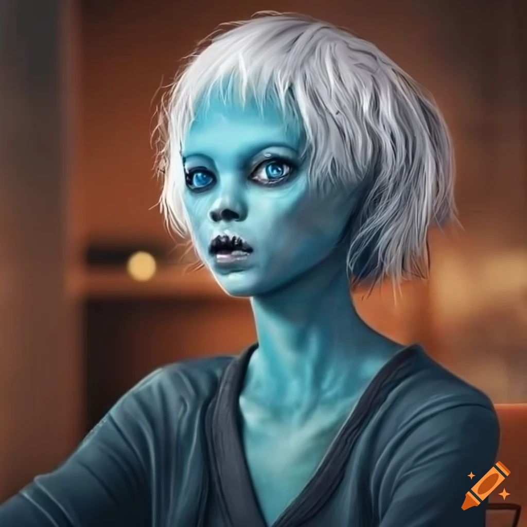 Realistic Photo Of A Blue Skinned Humanoid Alien Woman With White Hair Sitting In A Cafe On Craiyon 0016