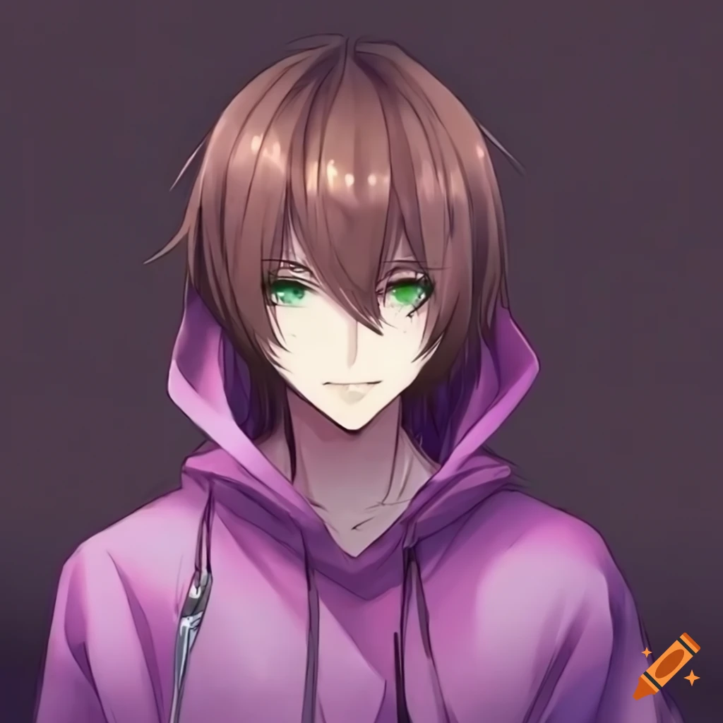 Anime Male With Brown Hair And Green Eyes Wearing A Purple Hoodie Holding A Knife On Craiyon