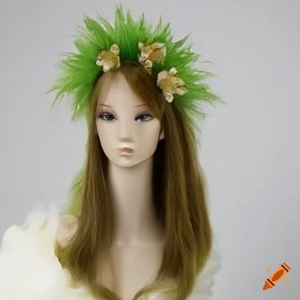 Hula grass hair wig on a mannequin with a floral crown
