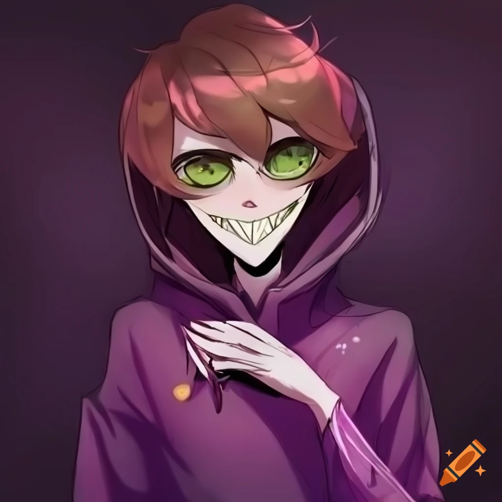 Male character with brown hair, green eyes, and purple hoodie in anime art style