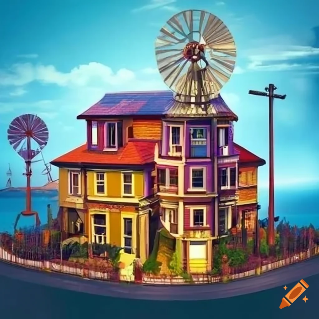 Colorful mansion with 7 floors and a train track, featuring a windmill on the roof