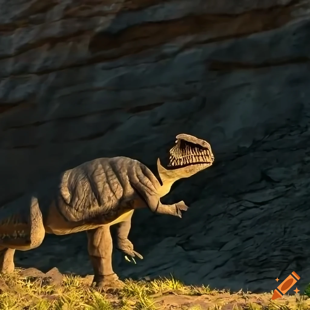 Pachycephalosaurus walking in warm morning light along a rocky outcrop