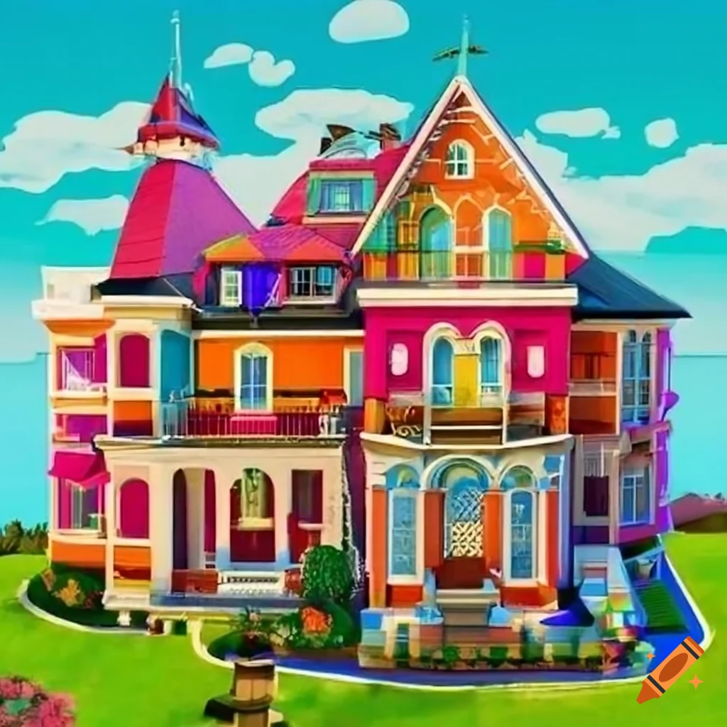 Colorful mansion with 7 floors and a train track, featuring a windmill on the roof