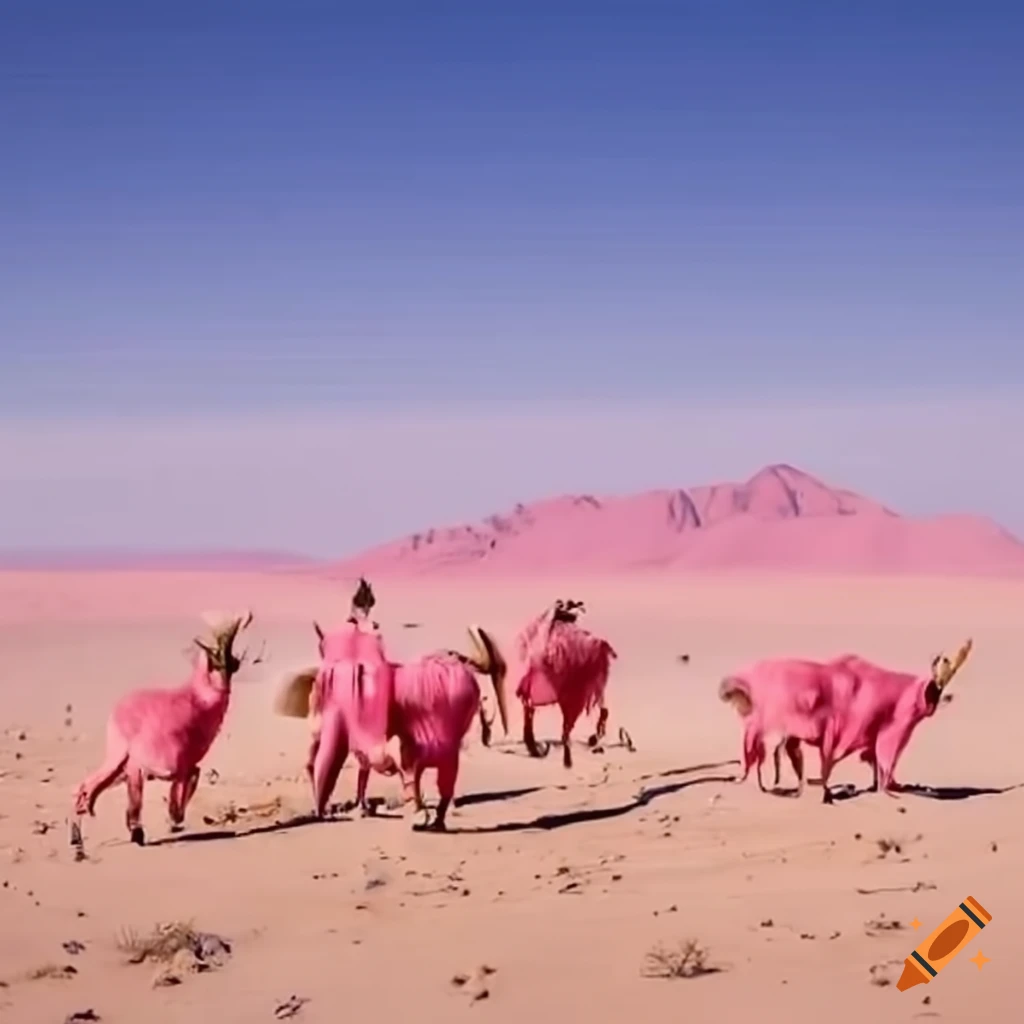 Pink goats hiking in a desert landscape