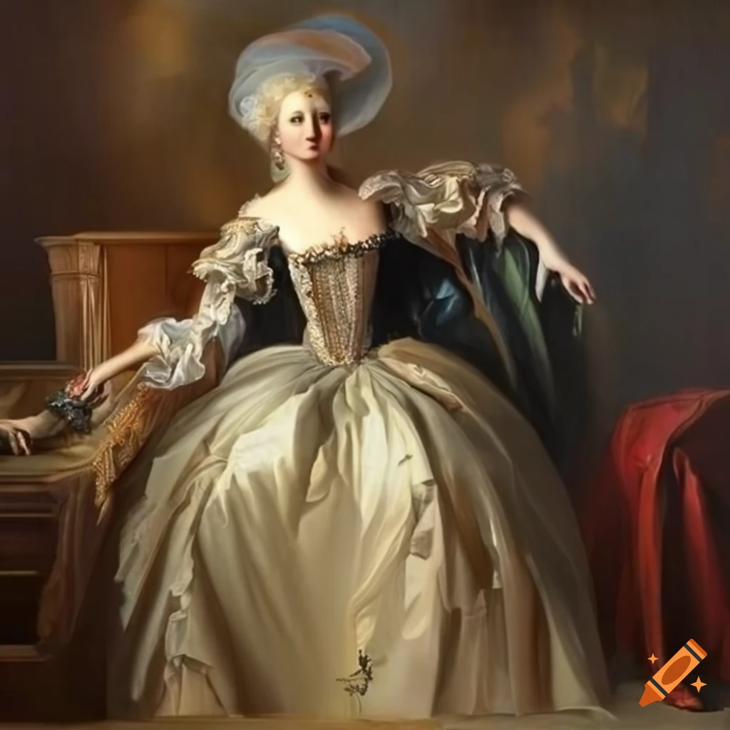 Elegant Baroque gown with wide panniers on a square-shaped skirt