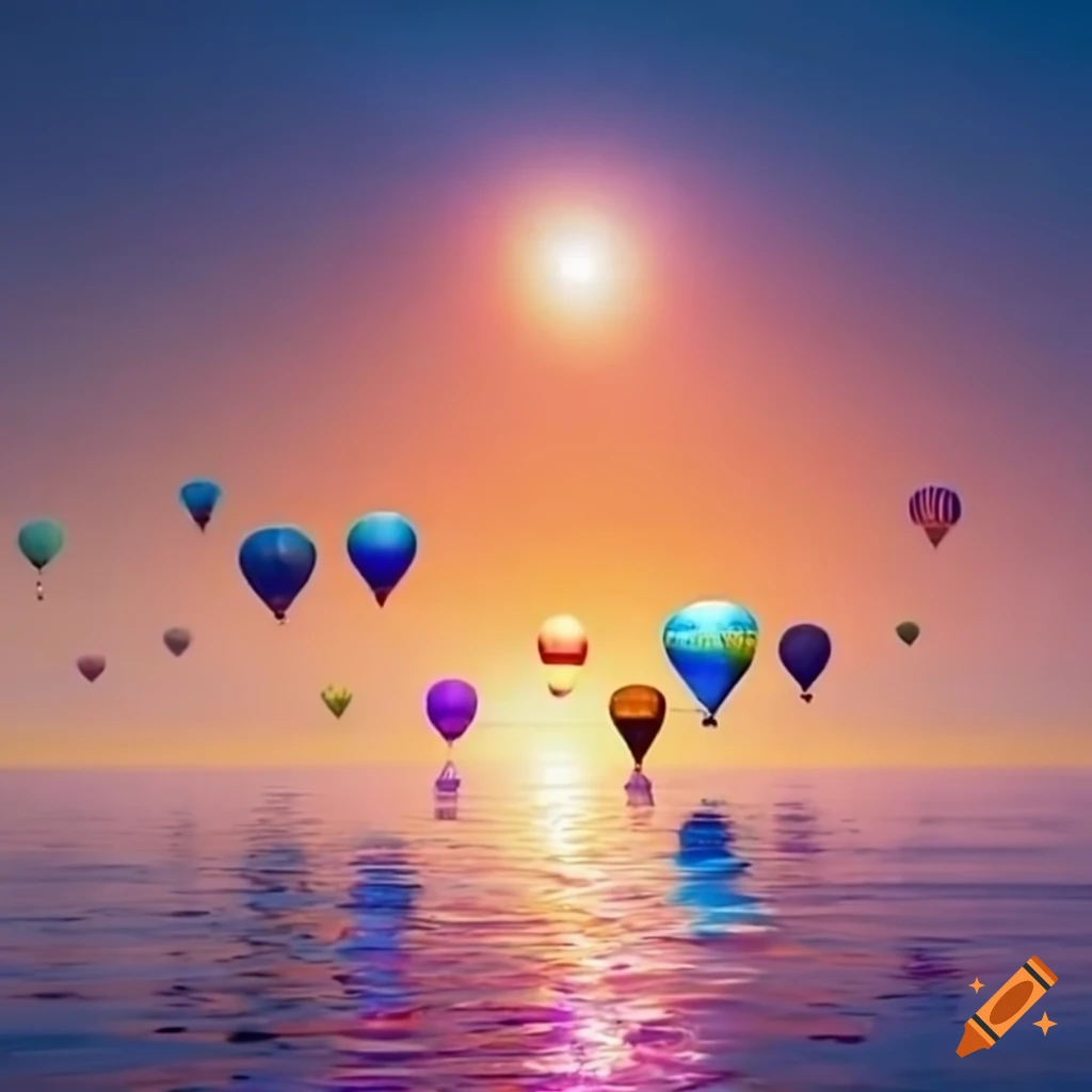 Colorful hot air balloons symbolizing the seven chakras in a peaceful sky