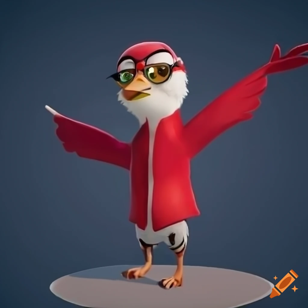 Cartoon sparrow wearing glasses and holding a flag in a pixar style