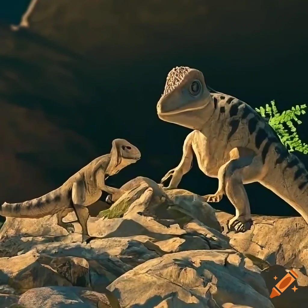 Pachycephalosaurus walking on rocky outcrop in warm morning light