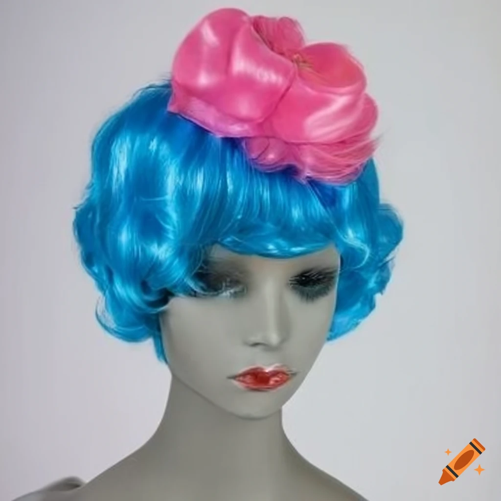 Blue cupcake-shaped wig on a mannequin with a pink silk band