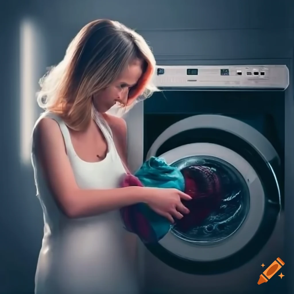 Woman standing next to a washing machine