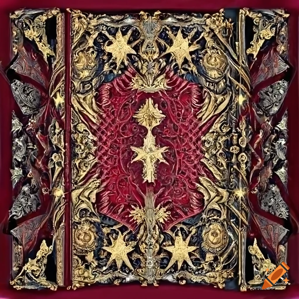 Book bound in deep red leather with celestial motifs