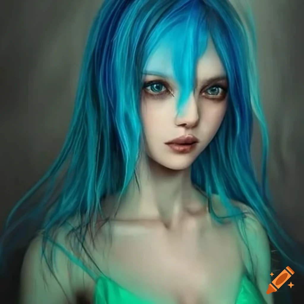 Human Like Alien Girl With Long Blue Hair And Black Eyes Wearing White And Green Clothes On Craiyon