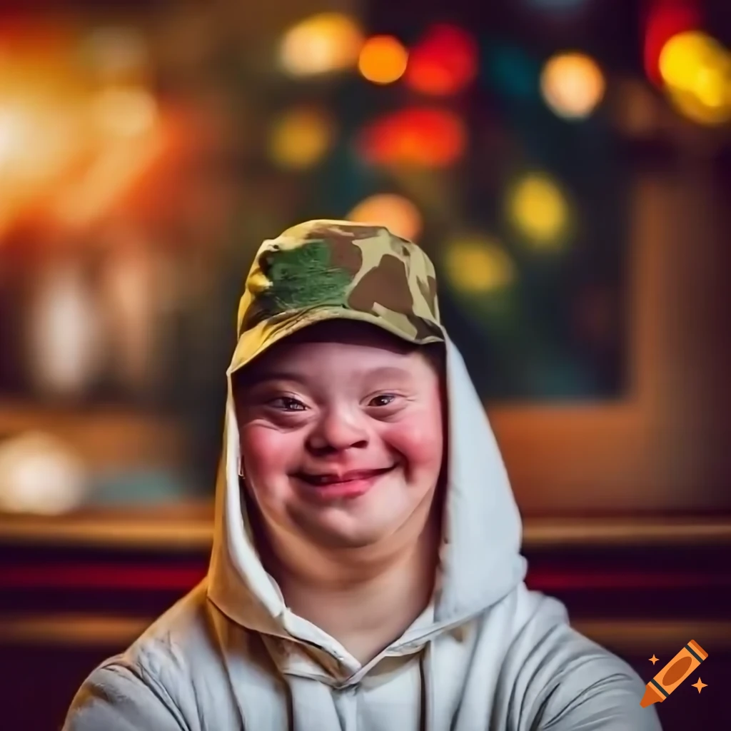 Portrait Of A Smiling Man With Downs Syndrome In A Festive Bar Scene