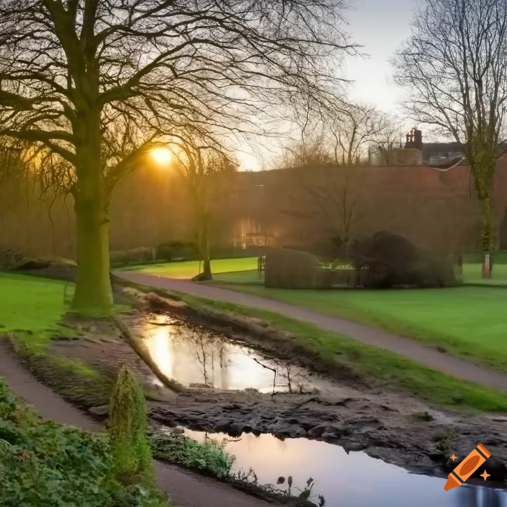 Gardens in knighton park, leicester, england with sunset and stream on