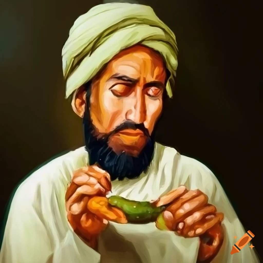 Muslim man in a turban hat enjoying a pickle
