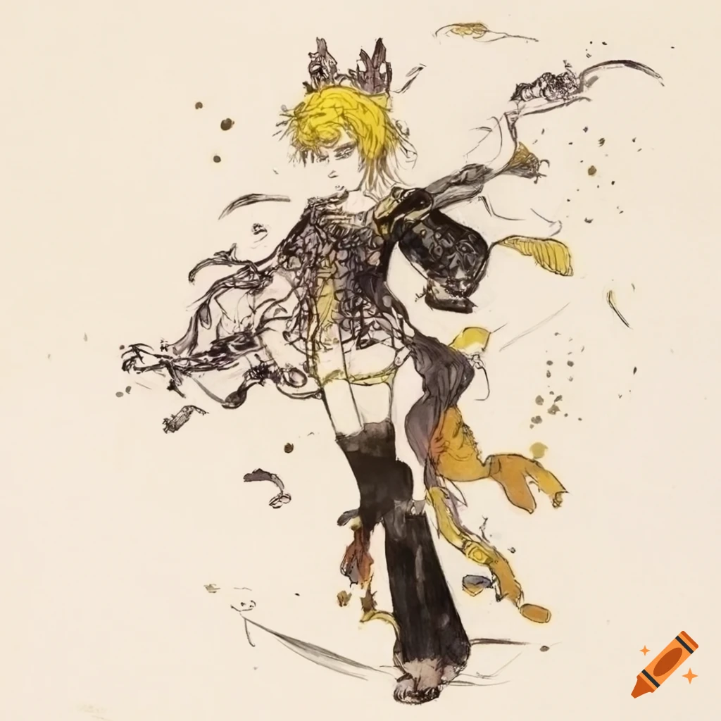 Kagamine Len full-length portrait in Final Fantasy concept art by Yoshitaka Amano