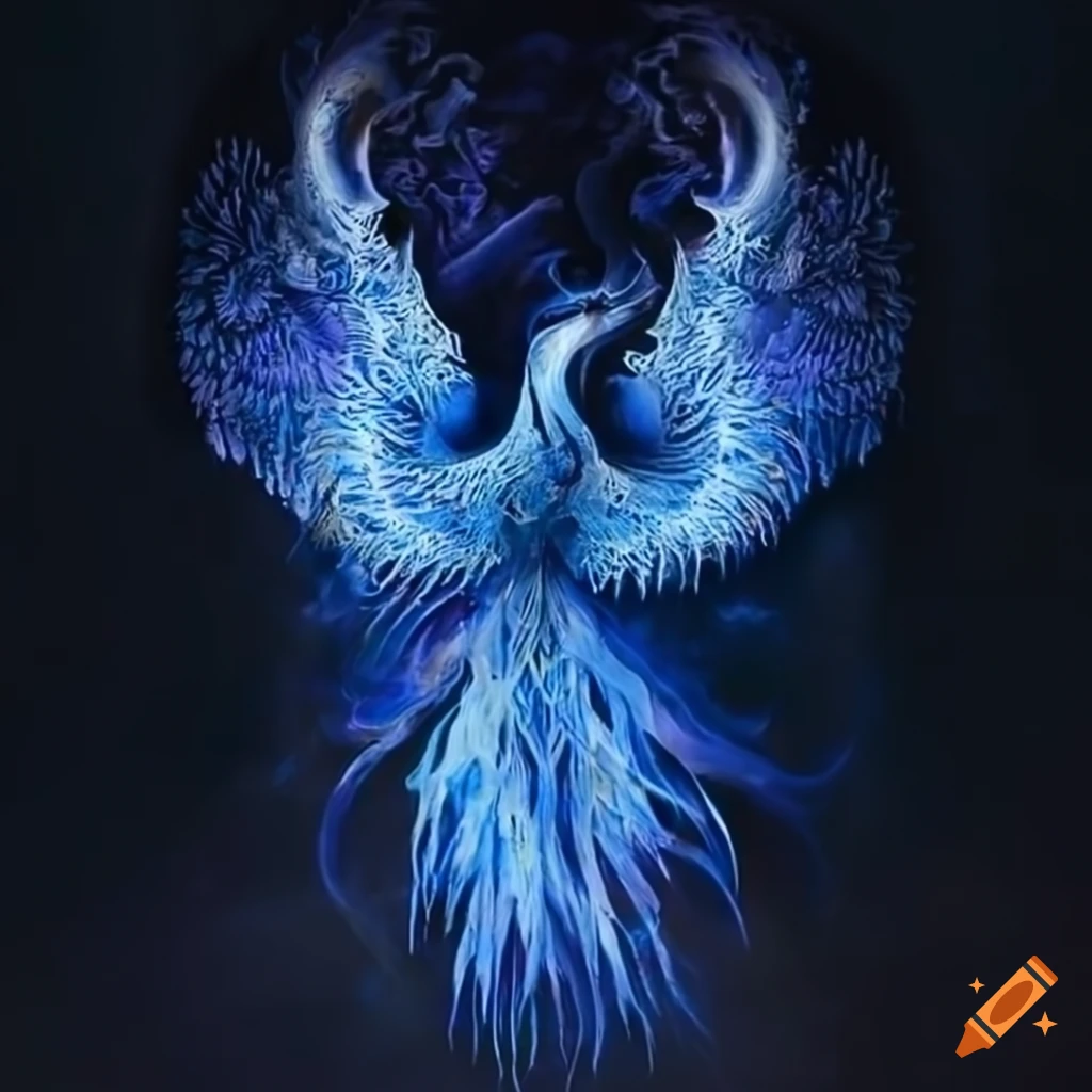 Intricate artwork of a phoenix surrounded by ghostly blue flames
