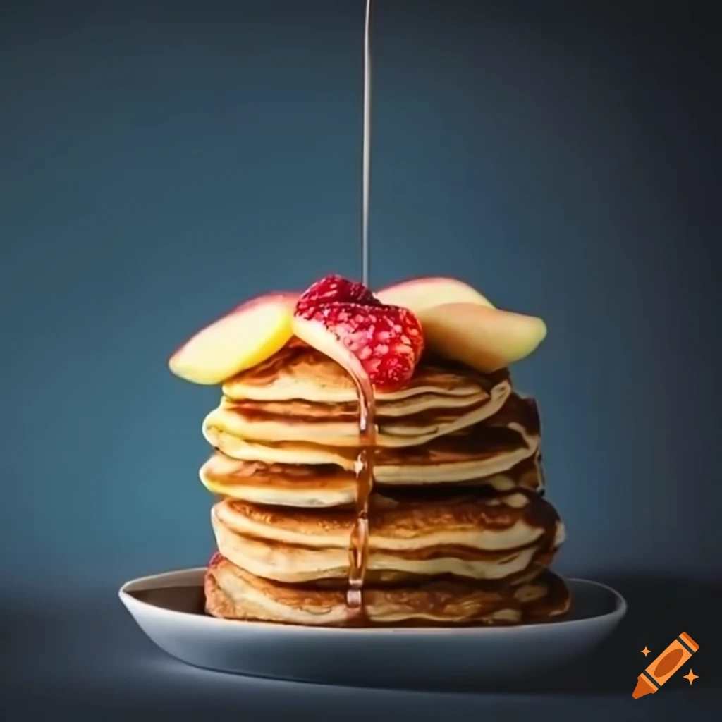 Delicious fluffy pancakes served with sliced apple
