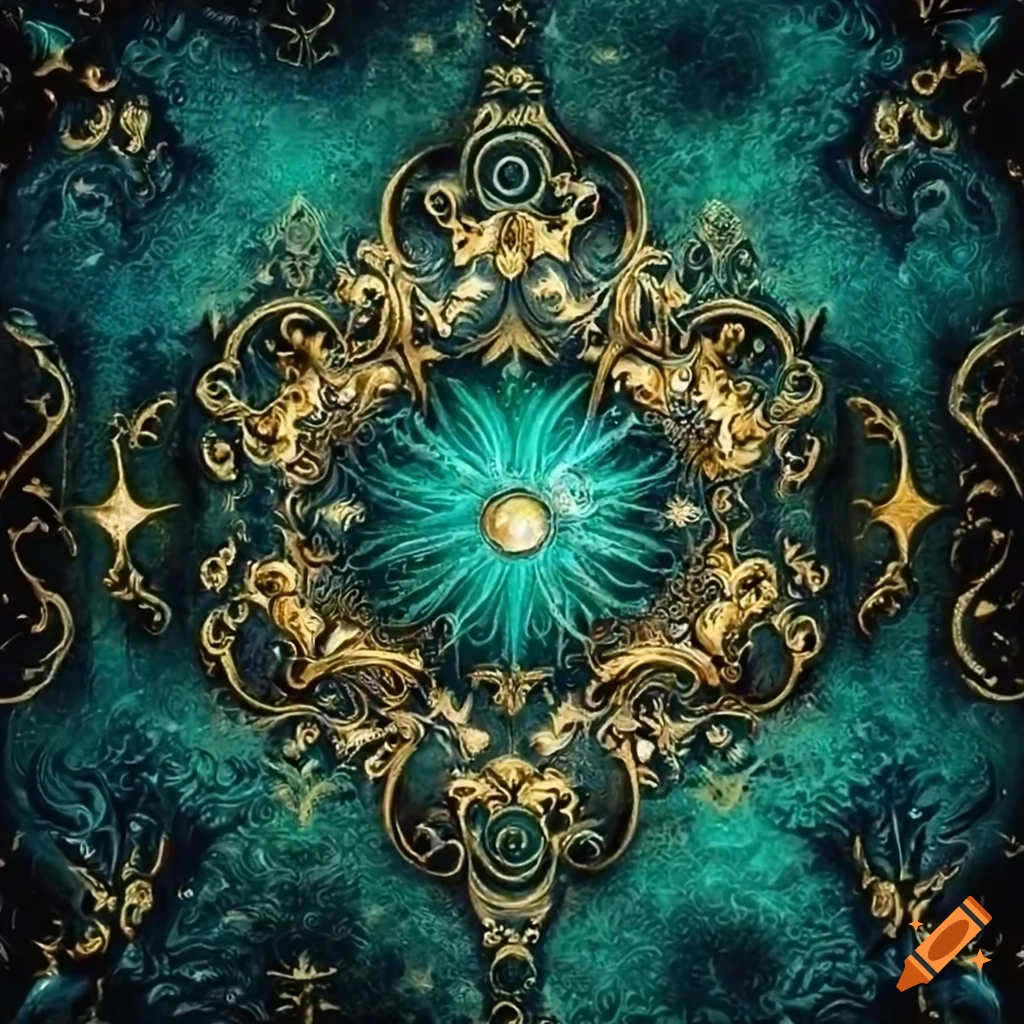 Intricately embossed deep green leather book with celestial motifs