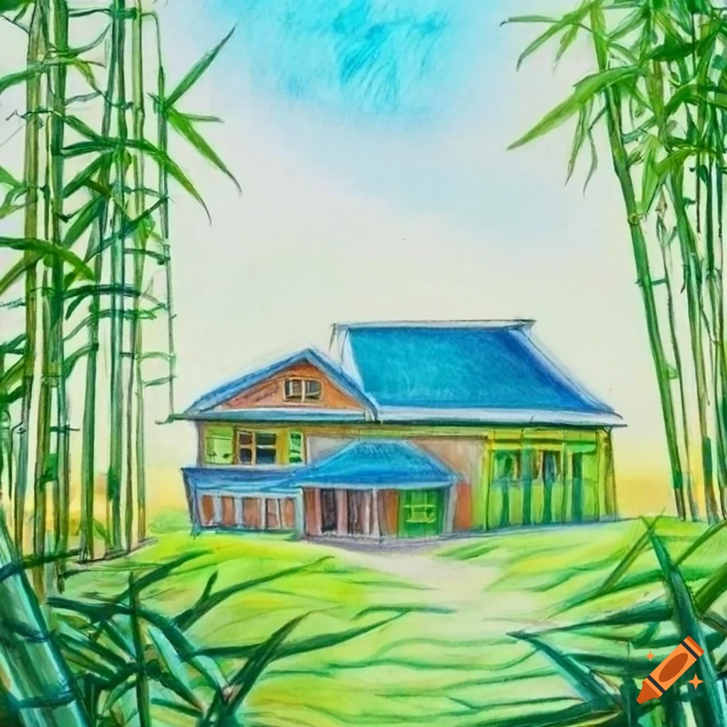 Color pencil drawing of a bamboo grove next to a house on Craiyon