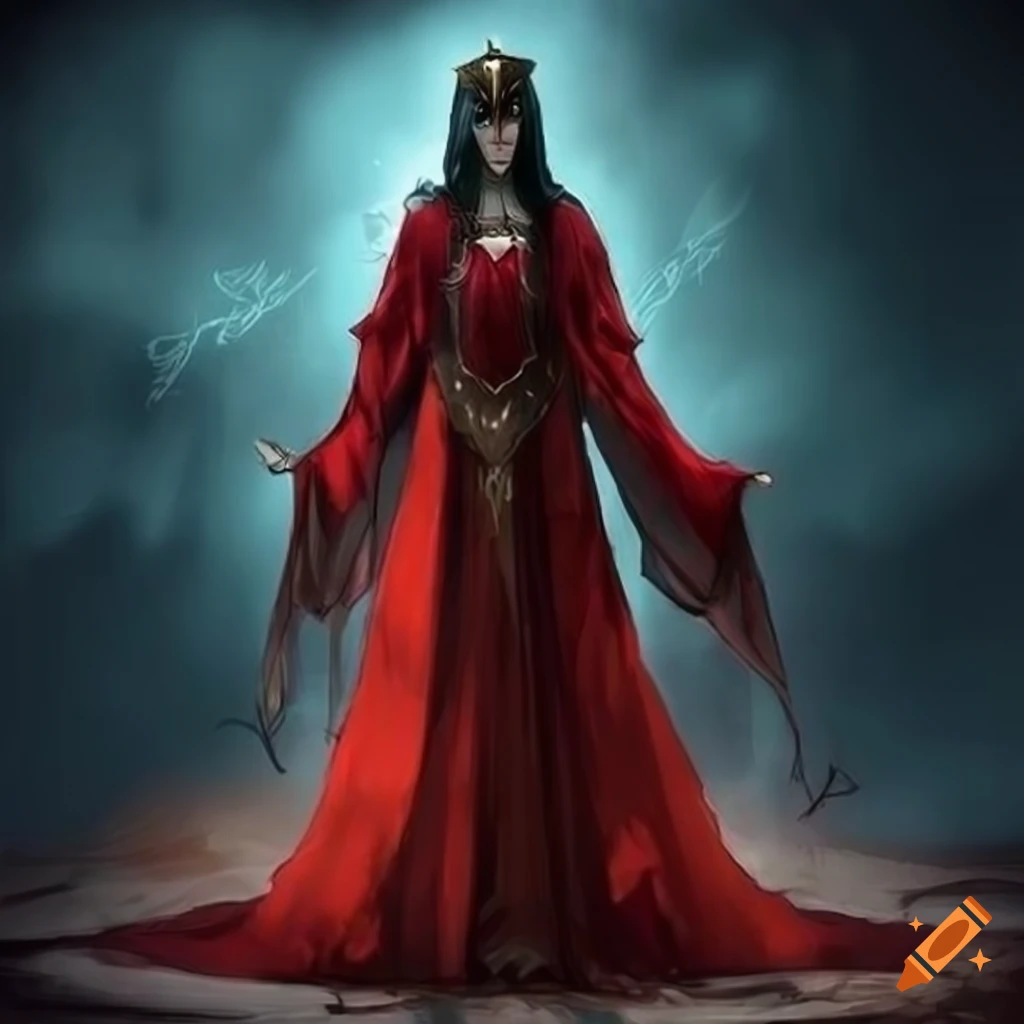 Magician goddess queen in red robes with eldritch crown in a dark