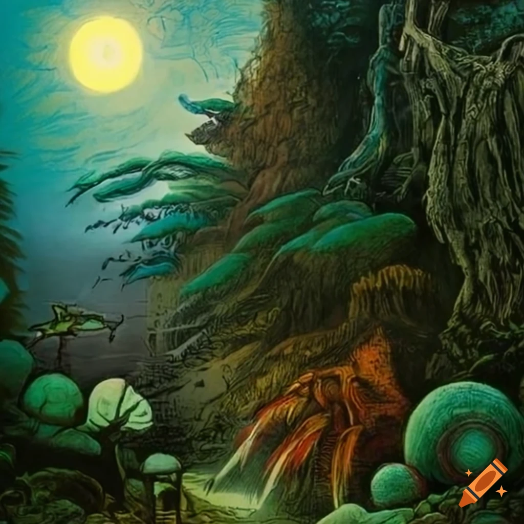 Wide angle panorama of a jungle landscape with fantasy creatures by ...