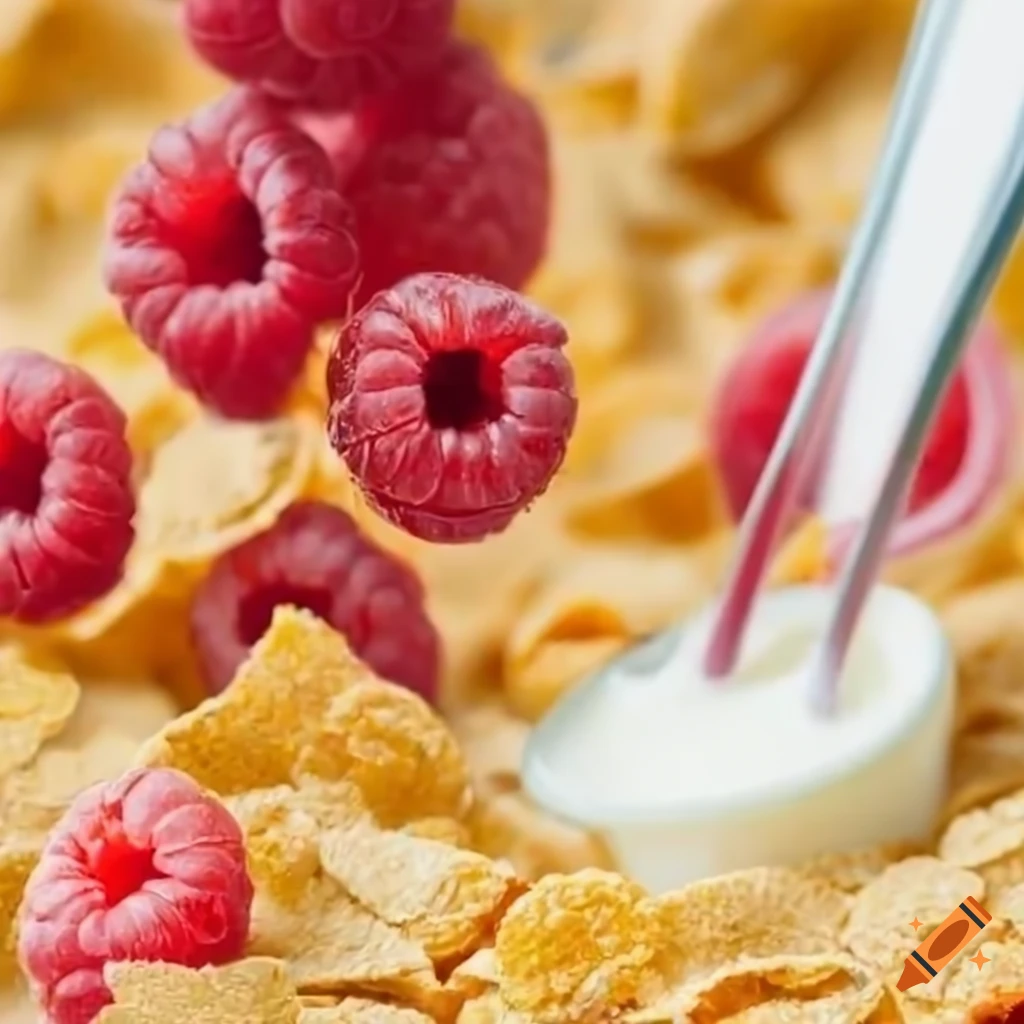 Red raspberries in corn flakes cereal with milk on Craiyon