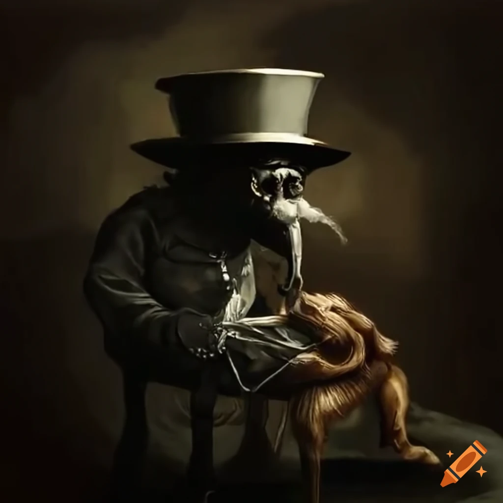 Plague doctor and a corpse on a carriage pulled by horses