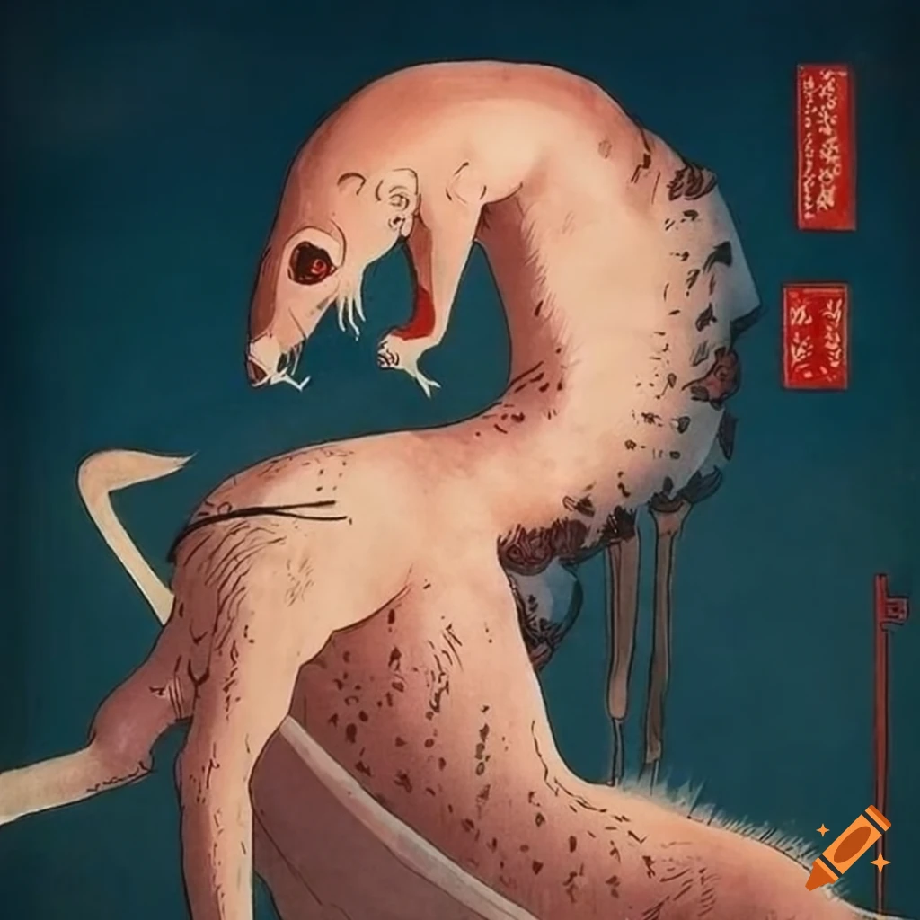 Ukiyo-e artwork of a beautiful humanoid animal from Japanese folklore
