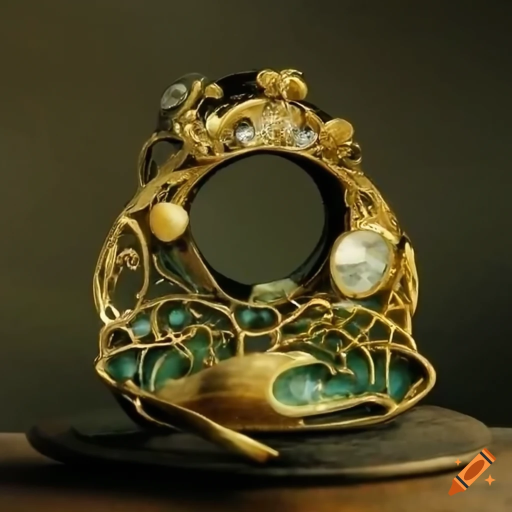 Art nouveau inspired jewelry with a magnifier centerpiece on Craiyon