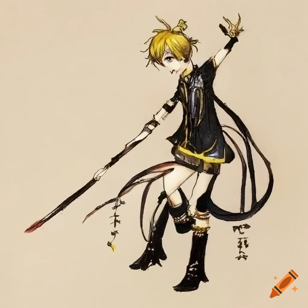 Kagamine Len full-length portrait in Final Fantasy concept art by Yoshitaka Amano